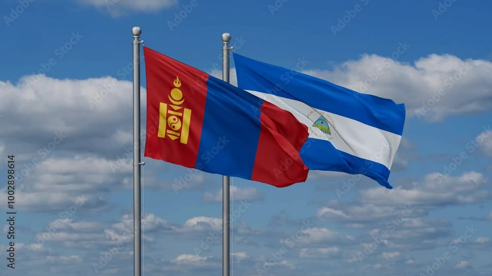 Nicaragua and Mongolia flags flying together, video concept of the relationship, two country relations concept Nicaragua and Mongolia flags flying together, video concept of the relationship, two country relations concept