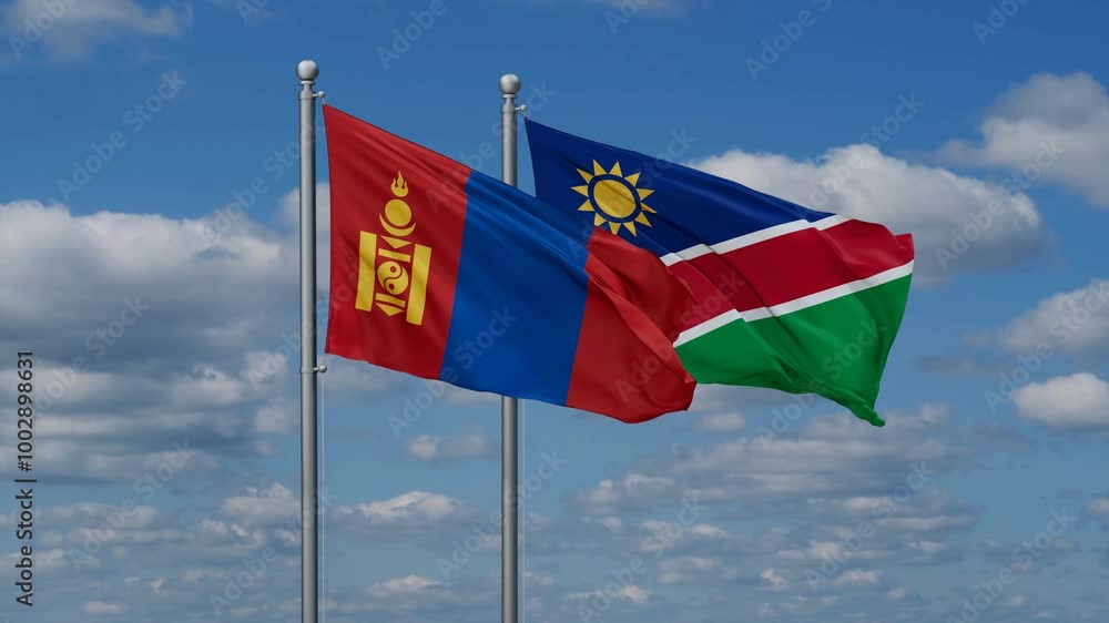 Mongolia and Namibia flags flying together, video concept of the relationship, two country relations concept Mongolia and Namibia flags flying together, video concept of the relationship, two country relations concept
