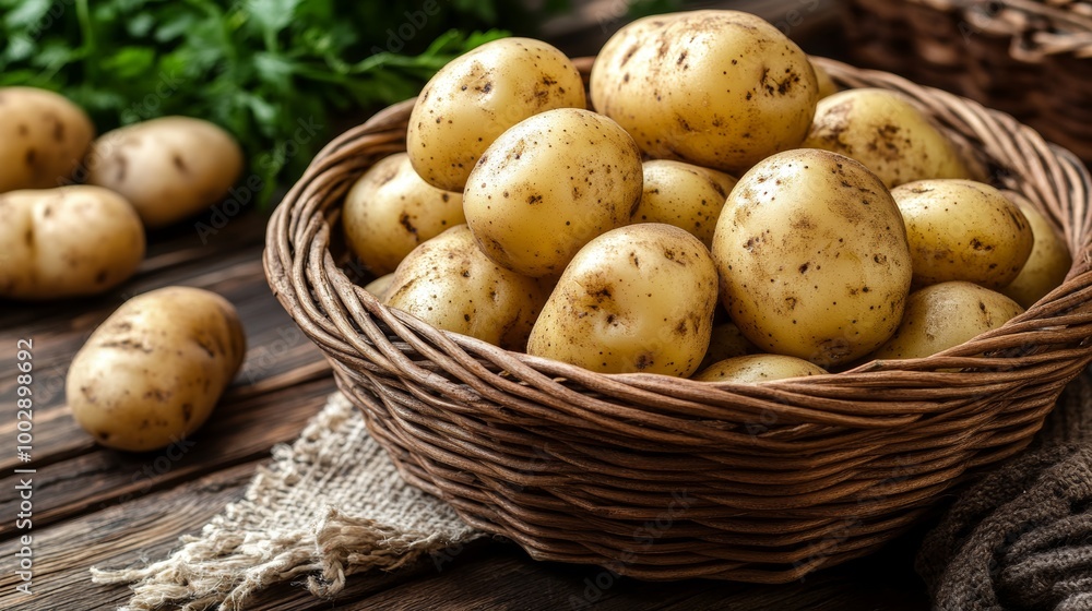 Papas frescas con cáscara dispuestas en una cesta de mimbre, rodeadas de hierbas frescas. Ideal para preparar una variedad de platos caseros. Papas frescas con cáscara dispuestas en una cesta de mimbre, rodeadas de hierbas frescas. Ideal para preparar una variedad de platos caseros.
