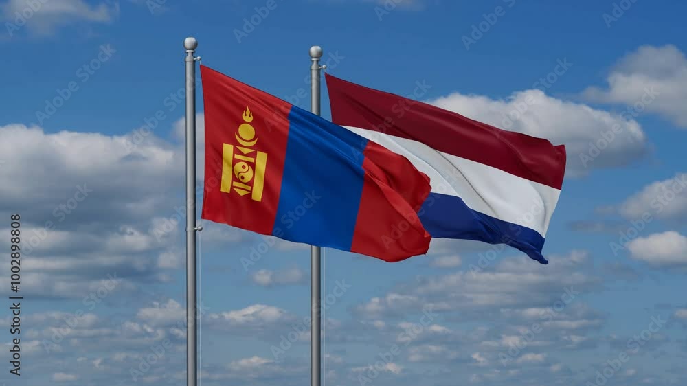 Netherlands and Mongolia flags flying together, video concept of the relationship, two country relations concept Netherlands and Mongolia flags flying together, video concept of the relationship, two country relations concept