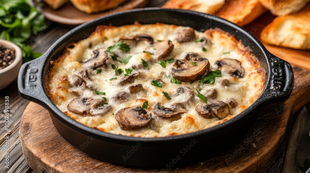 Cazuela de champiñones horneada con una rica salsa cremosa y queso derretido, servida en una sartén de hierro fundido. Perfecta como acompañamiento o plato principal. Cazuela de champiñones horneada con una rica salsa cremosa y queso derretido, servida en una sartén de hierro fundido. Perfecta como acompañamiento o plato principal.