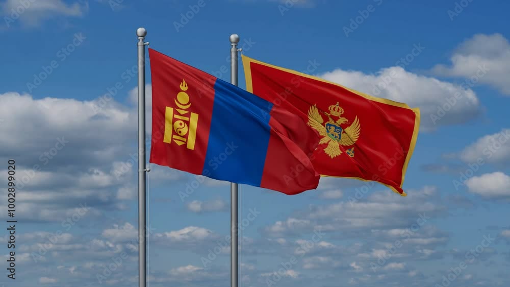 Montenegro and Mongolia flags flying together, video concept of the relationship, two country cooperation concept Montenegro and Mongolia flags flying together, video concept of the relationship, two country cooperation concept