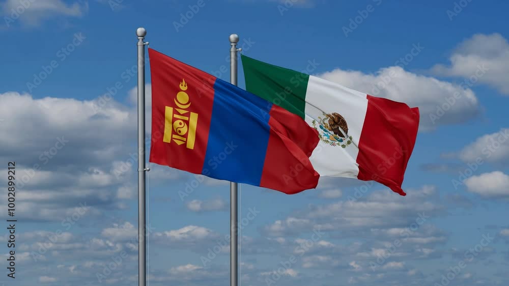 Mexico and Mongolia flags flying together, video concept of the relationship, two country relations concept Mexico and Mongolia flags flying together, video concept of the relationship, two country relations concept