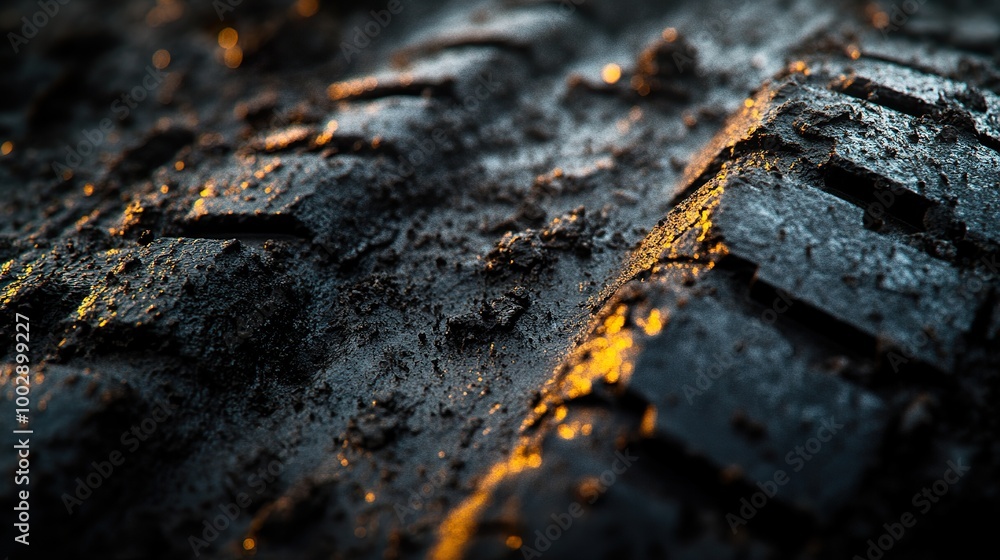 Tire Track with Mud and Dust on Dark Background Tire Track with Mud and Dust on Dark Background