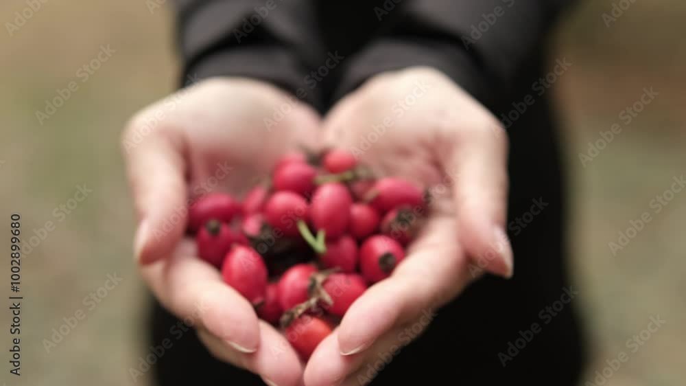 Close-up of a girl holding handfuls of bright red rose hips in her palms, showcasing the vibrant berries. Close-up of a girl holding handfuls of bright red rose hips in her palms, showcasing the vibrant berries.