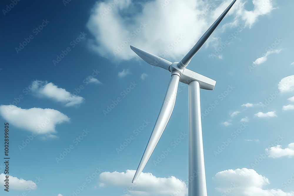 Looking up at a towering wind turbine against a blue sky, capturing the scale and importance of renewable energy in a sustainable future., Generative AI Looking up at a towering wind turbine against a blue sky, capturing the scale and importance of renewable energy in a sustainable future., Generative AI