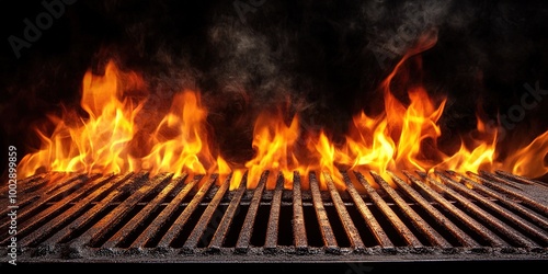 Hot empty portable barbecue BBQ grill with flaming fire and ember charcoal on black background photo