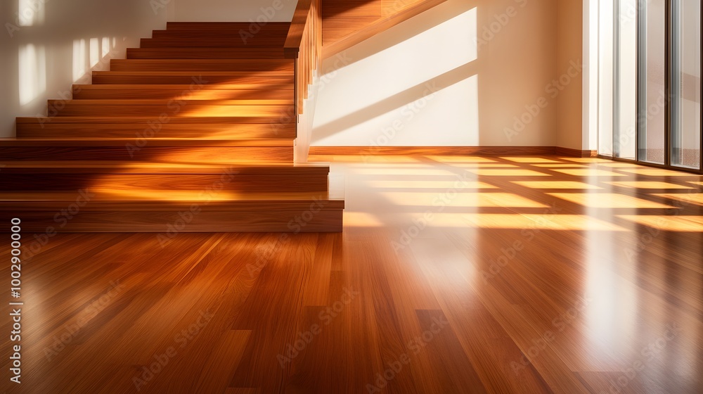 Obraz premium Sunlight streaming through windows, casting soft shadows on the staircase.