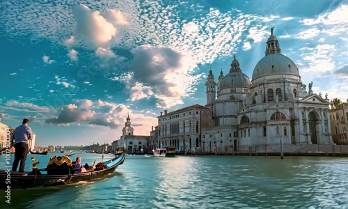 Gondola Sailing Past Basilica Santa Maria della Salute in Venice