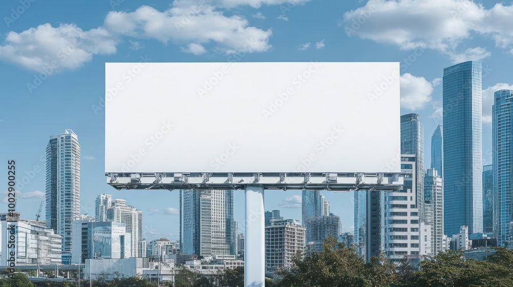 A blank billboard stands against a city skyline, ready for advertisement. A blank billboard stands against a city skyline, ready for advertisement.