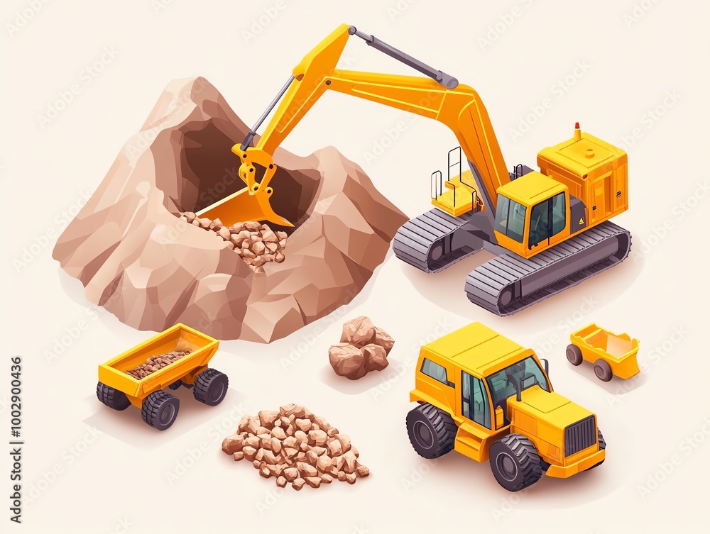 Obraz premium Heavy construction machinery including excavator, dump truck, bulldozer and wheel loader in action, white isolated background
