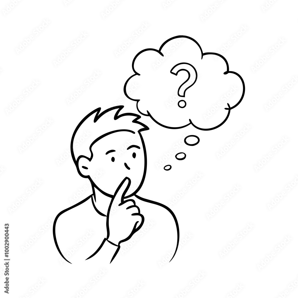 Thoughtful man with finger on lips pondering in a sketch style with question mark above Thoughtful man with finger on lips pondering in a sketch style with question mark above