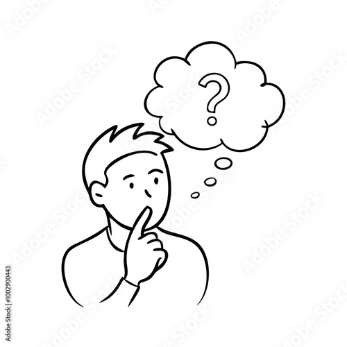 Thoughtful man with finger on lips pondering in a sketch style with question mark above