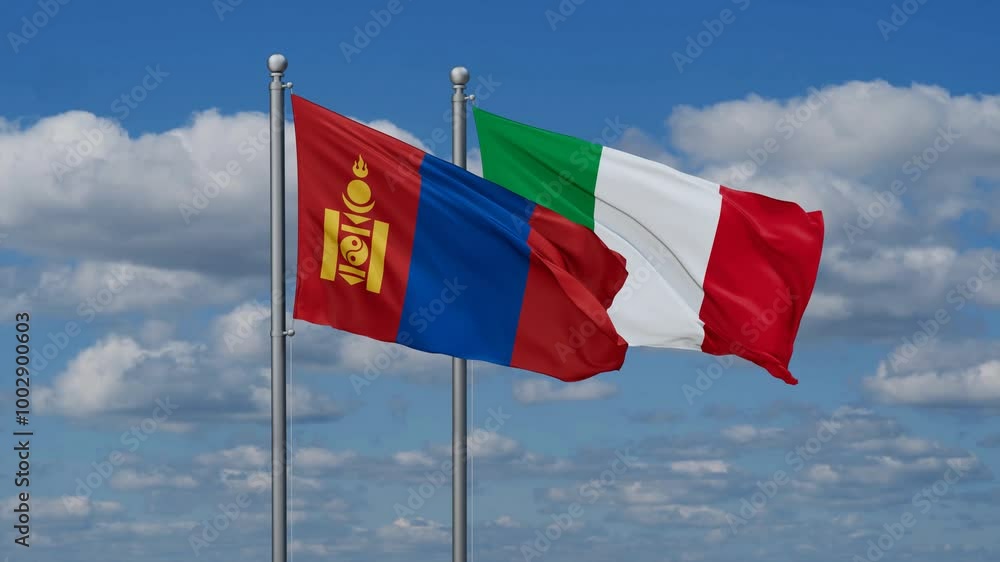 Italy and Mongolia flags flying together, video concept of the relationship, two country cooperation concept Italy and Mongolia flags flying together, video concept of the relationship, two country cooperation concept