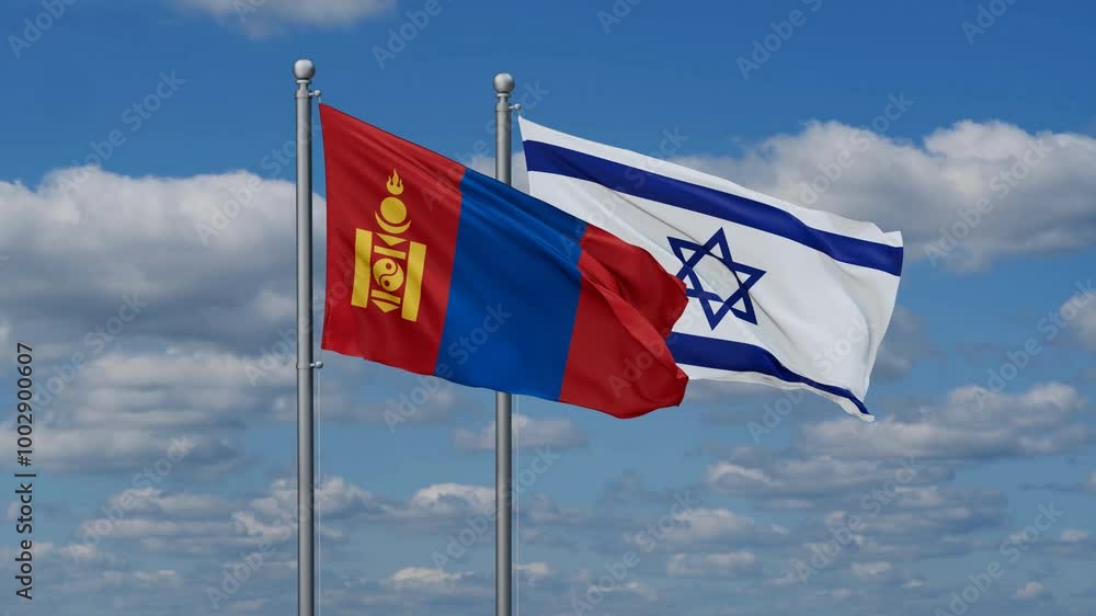 Israel and Mongolia flags flying together, video concept of the relationship, two country relations concept Israel and Mongolia flags flying together, video concept of the relationship, two country relations concept
