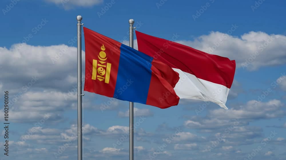 Indonesia and Mongolia flags flying together, video concept of the relationship, two country relations concept Indonesia and Mongolia flags flying together, video concept of the relationship, two country relations concept