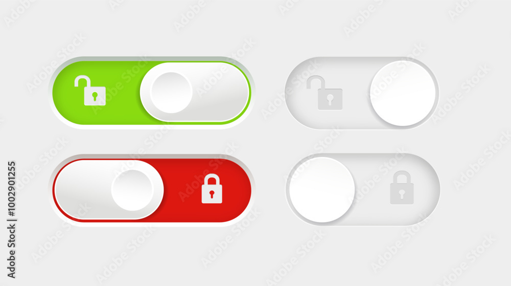 blocked and unlocked toggle switch buttons. Material design switch buttons set. Vector blocked and unlocked toggle switch buttons. Material design switch buttons set. Vector
