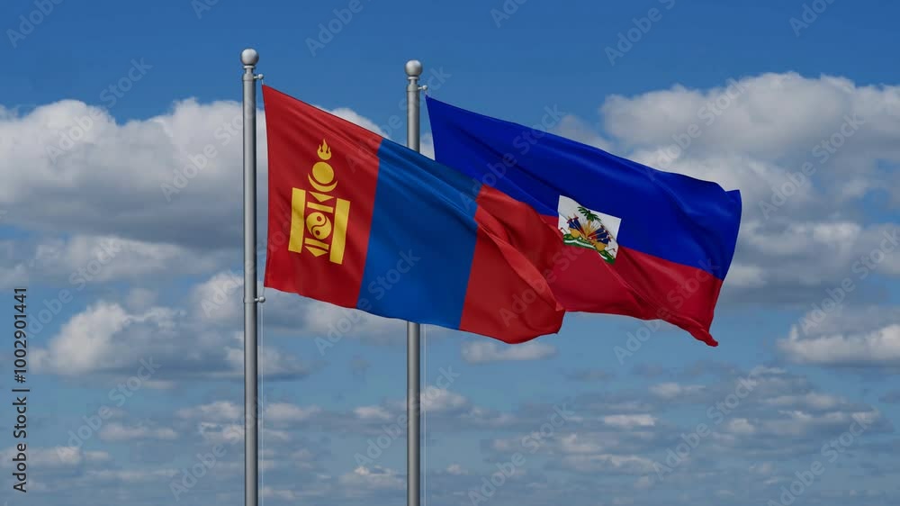 Haiti and Mongolia flags flying together, video concept of the relationship, two country relations concept Haiti and Mongolia flags flying together, video concept of the relationship, two country relations concept