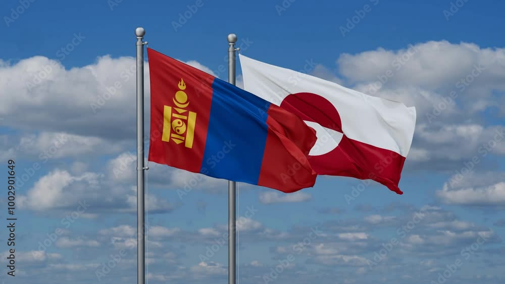 Greenland and Mongolia flags flying together, video concept of the relationship, two country relations concept Greenland and Mongolia flags flying together, video concept of the relationship, two country relations concept