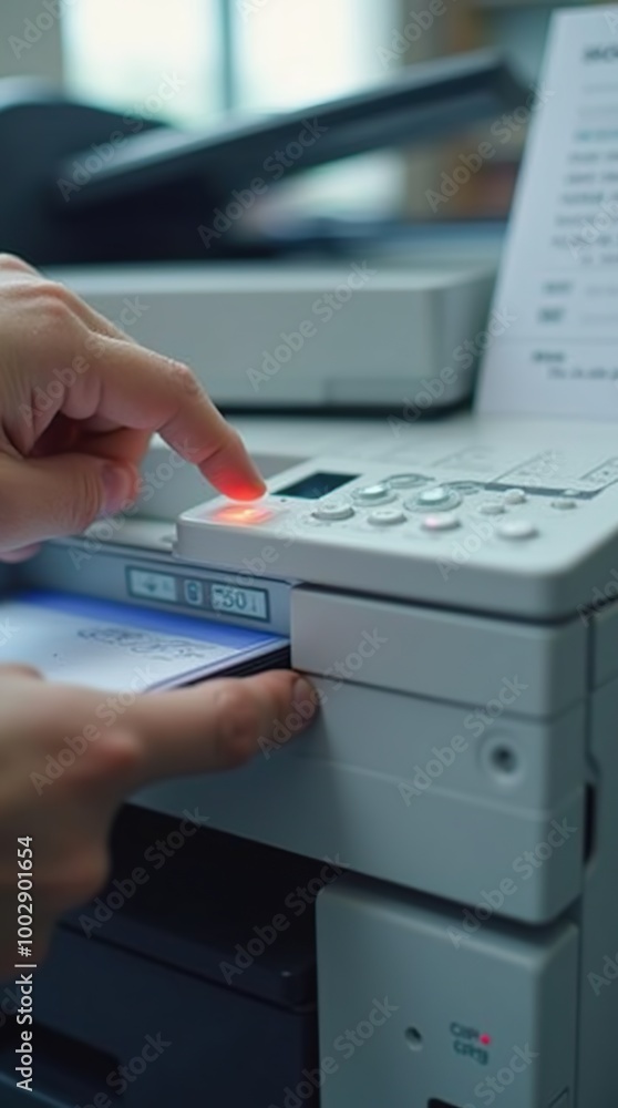 Person using a copier machine in a modern office setting Person using a copier machine in a modern office setting