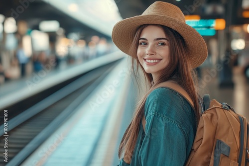 Happy young traveler woman with luggage waiting for train at train station platform, Generative AI