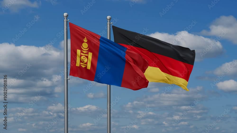 Germany and Mongolia flags flying together, video concept of the relationship, two country relations concept Germany and Mongolia flags flying together, video concept of the relationship, two country relations concept