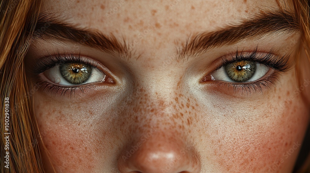 Close-up Portrait of a Woman with Green Eyes and Freckles Close-up Portrait of a Woman with Green Eyes and Freckles