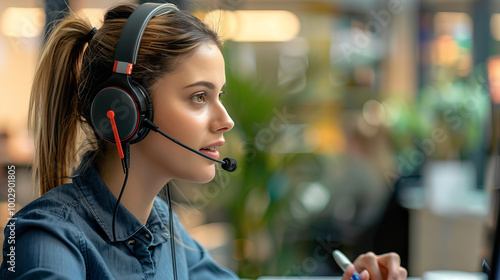 woman wearing a headset while engaging with clients in a modern office setting, showcasing effective communication skills.