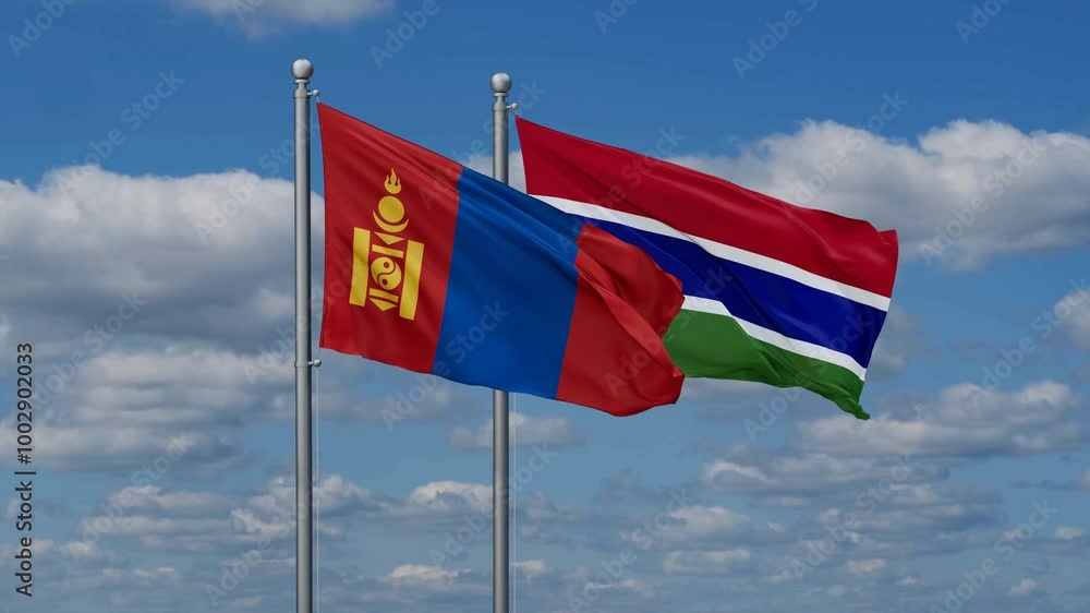Gambia and Mongolia flags flying together, video concept of the relationship, two country relations concept Gambia and Mongolia flags flying together, video concept of the relationship, two country relations concept