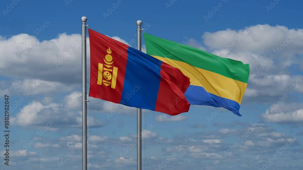 Gabon and Mongolia flags flying together, video concept of the relationship, two country relations concept Gabon and Mongolia flags flying together, video concept of the relationship, two country relations concept