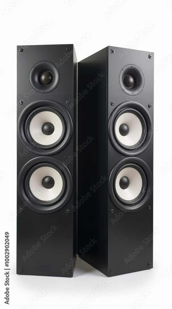 High-quality sound speakers and subwoofer on white background High-quality sound speakers and subwoofer on white background