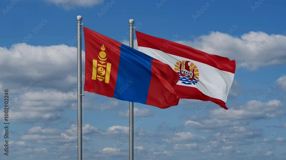 French Polynesia and Mongolia flags flying together, video concept of the relationship, two country relations concept French Polynesia and Mongolia flags flying together, video concept of the relationship, two country relations concept