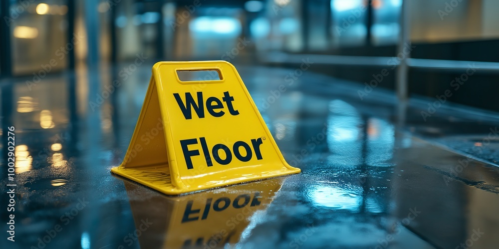 Yellow Wet Floor caution sign placed on a shiny wet floor, emphasizing public safety and the importance of cleaning warnings in public spaces., Generative AI Yellow Wet Floor caution sign placed on a shiny wet floor, emphasizing public safety and the importance of cleaning warnings in public spaces., Generative AI