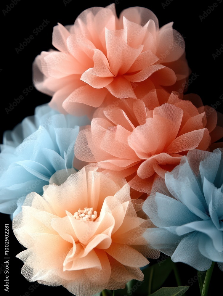 A vibrant display of layered fabric flowers in peach and blue against a black backdrop A vibrant display of layered fabric flowers in peach and blue against a black backdrop