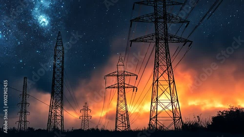 Electricity transmission towers with orange glowing wires the starry night sky. Energy infrastructure concept, energy, electricity, voltage, supply, pylon, technology
 photo