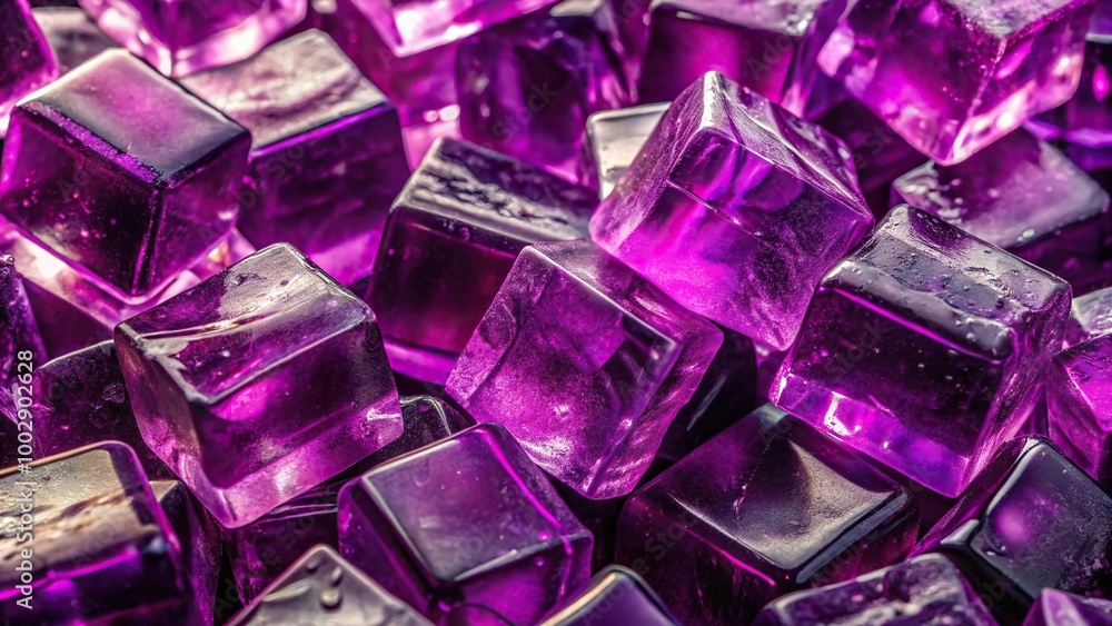 Abstract background made from purple blackcurrant jello chunks backlit by clear ice or jelly cubes, candy sweets, high angle view Abstract background made from purple blackcurrant jello chunks backlit by clear ice or jelly cubes, candy sweets, high angle view