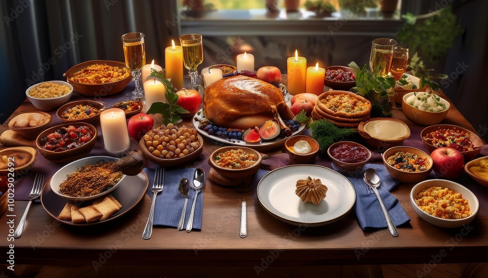 a bountiful display of traditional dishes and festive decorations that evoke a cozy, celebratory atmosphere. The table is laden with a golden a bountiful display of traditional dishes and festive decorations that evoke a cozy, celebratory atmosphere. The table is laden with a golden