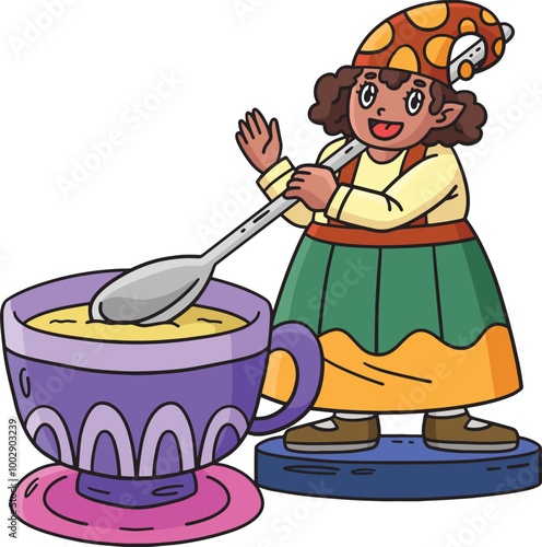 Gnome with a Giant Tea Cup Cartoon Colored Clipart