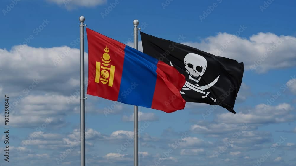 Mongolia and Corsair flags flying together, video concept of the relationship Mongolia and Corsair flags flying together, video concept of the relationship
