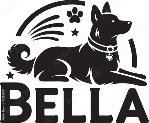 A black Silhouette Bella dog vector design