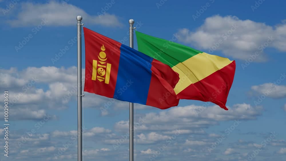 Republic of the Congo and Mongolia flags flying together, video concept of the relationship, two country relations concept Republic of the Congo and Mongolia flags flying together, video concept of the relationship, two country relations concept