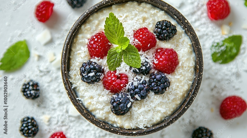 create a image about Sweet porridge with berries and coconut create a image about Sweet porridge with berries and coconut