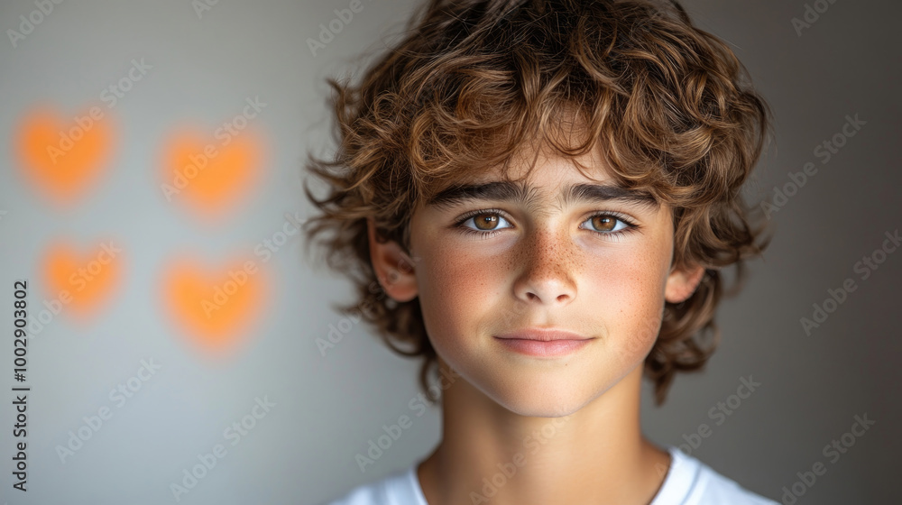 A boy with curly hair beams a warm smile while hearts are lightly sketched in the background, creating a cheerful atmosphere indoors A boy with curly hair beams a warm smile while hearts are lightly sketched in the background, creating a cheerful atmosphere indoors