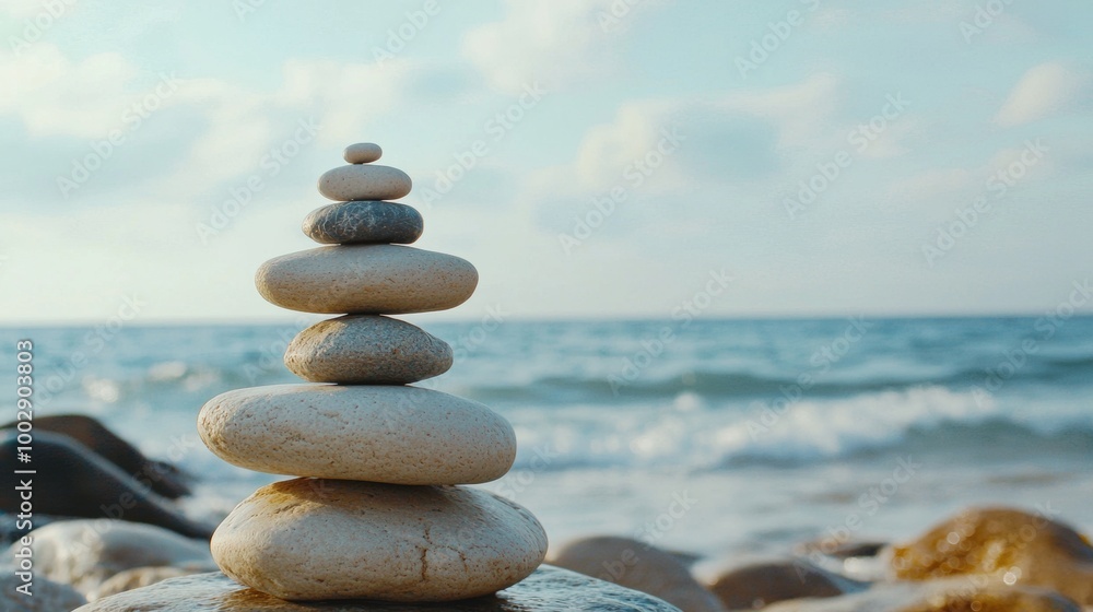 Fototapeta premium Balanced Cairn of Stones by Peaceful Ocean Shore