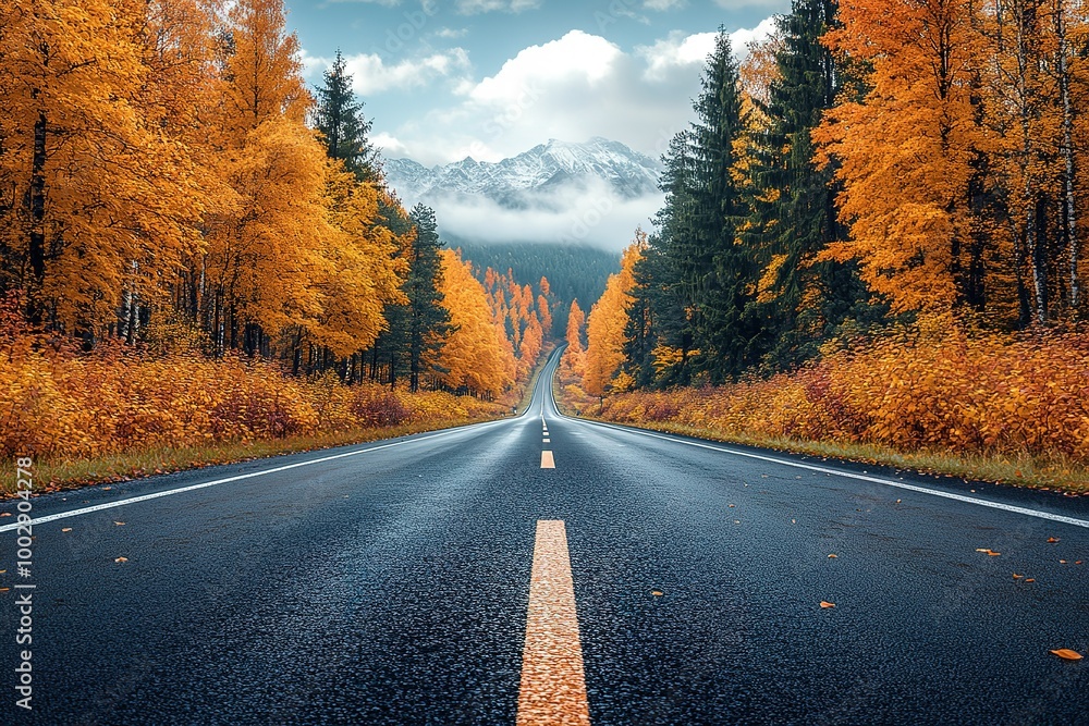 Fototapeta premium A road with a line of trees on either side