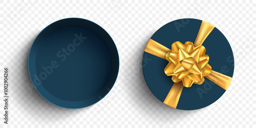 Open round gift box with golden bow and ribbon. Vector mockup isolated on transparent background.