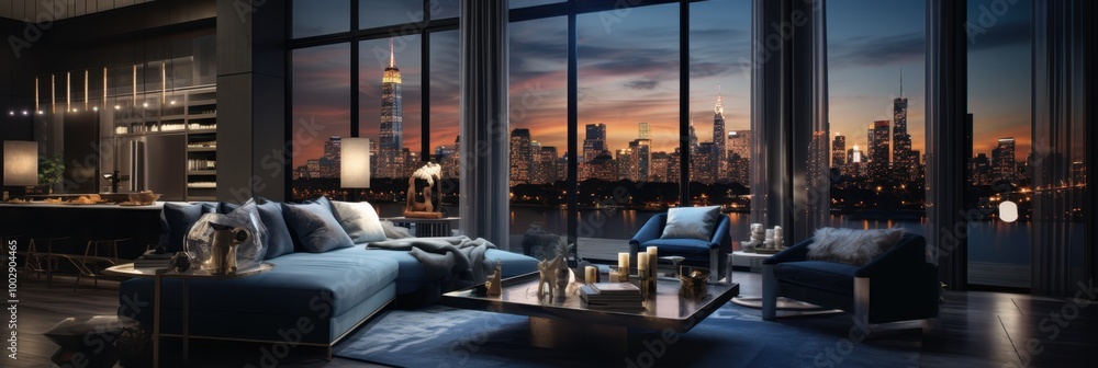 Luxurious modern living room with city skyline view at sunset. Luxurious modern living room with city skyline view at sunset.