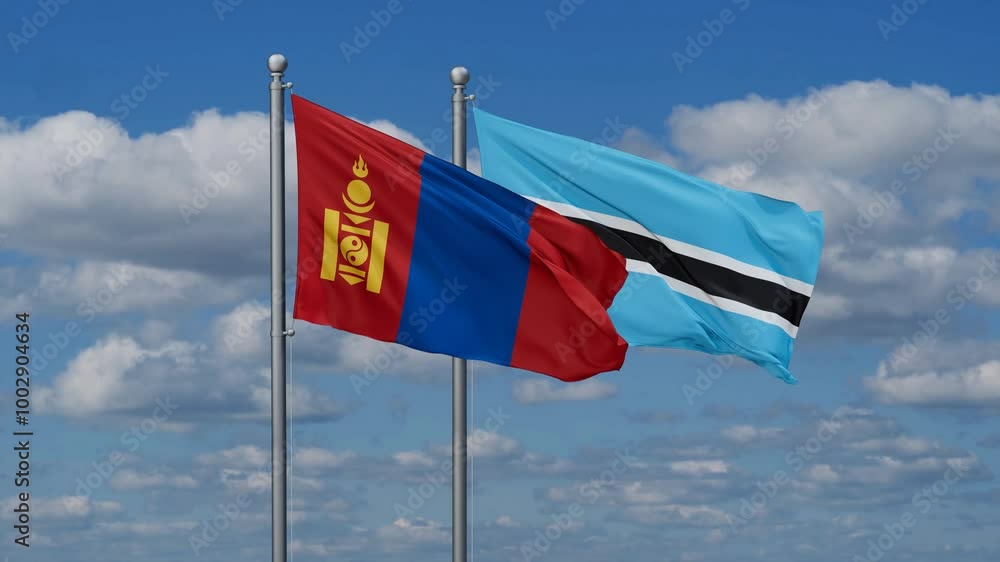 Botswana and Mongolia flags flying together, video concept of the relationship, two country relations concept Botswana and Mongolia flags flying together, video concept of the relationship, two country relations concept