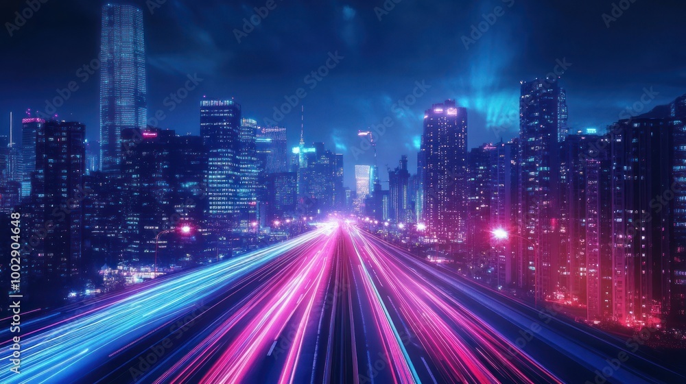 Fototapeta premium A vibrant cityscape at night with light trails from moving vehicles.
