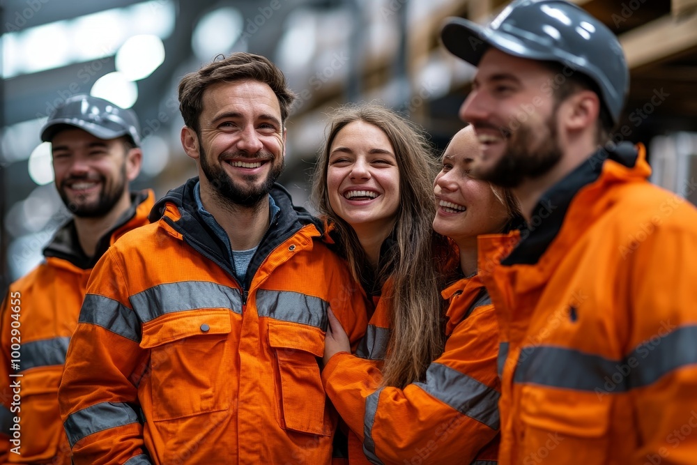 Full team of warehouse employees standing in warehouse. Team of workers, managers, female director and worker with down syndrome in modern industrial factory, heavy industry, Generative AI Full team of warehouse employees standing in warehouse. Team of workers, managers, female director and worker with down syndrome in modern industrial factory, heavy industry, Generative AI